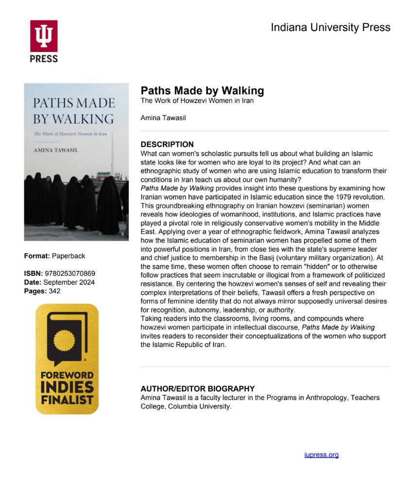 Leaflet with the book cover for Dr. Tawasil's new book Paths Made by Walking, with a summary of the book, and a Foreward INDIES award finalist logo